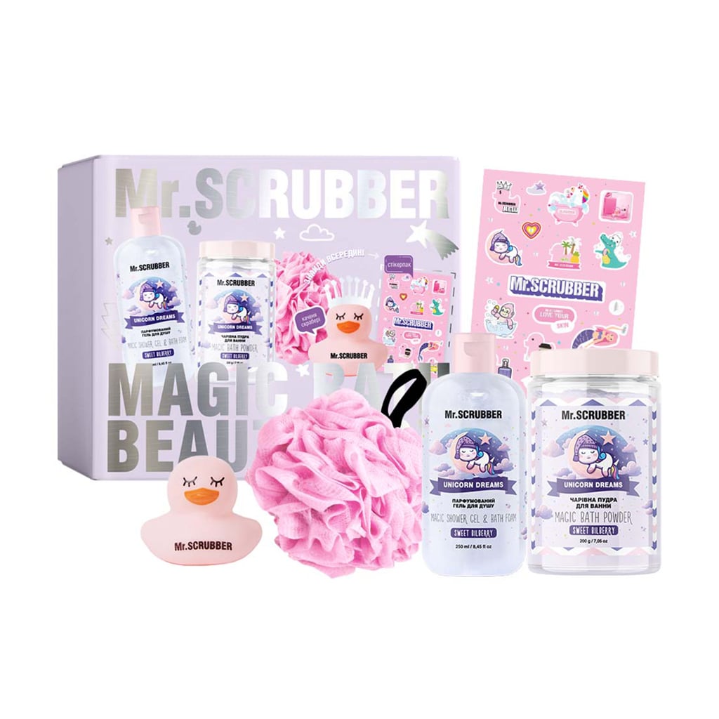 Подарунковий набір Mr.Scrubber Sweet Bilberry (гель для душу, 250 мл + пудра для ванни, 200 г + стікерпак + мочалка + каченя-скрабері)